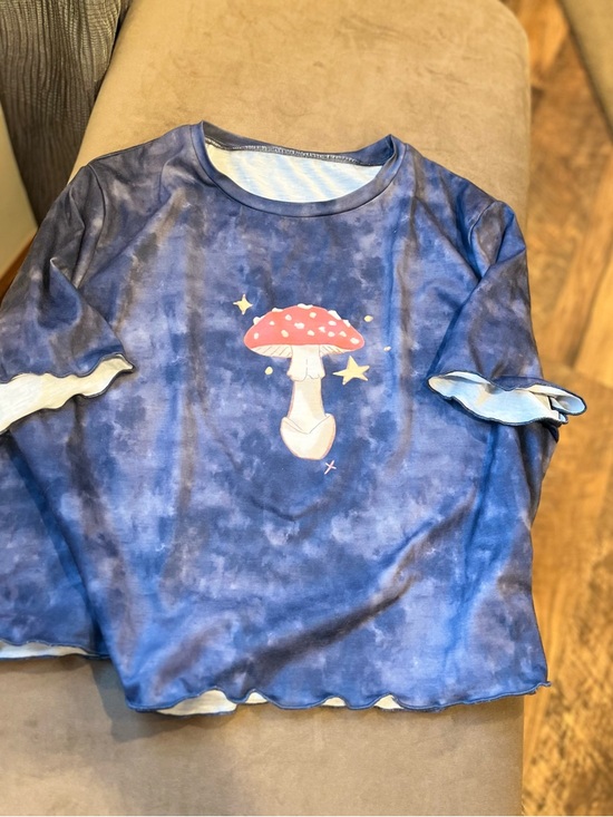 ROMWE Tops - ROMWE Blue Short Sleeve Tee with Red Mushroom Graphic